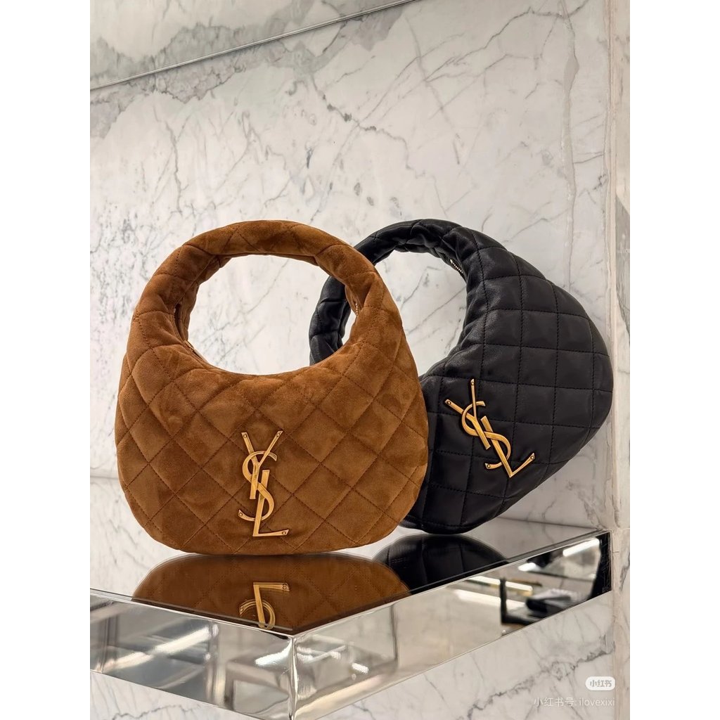 Crescent Bag Hand Bag Wrist Bag Suede Gold Brown