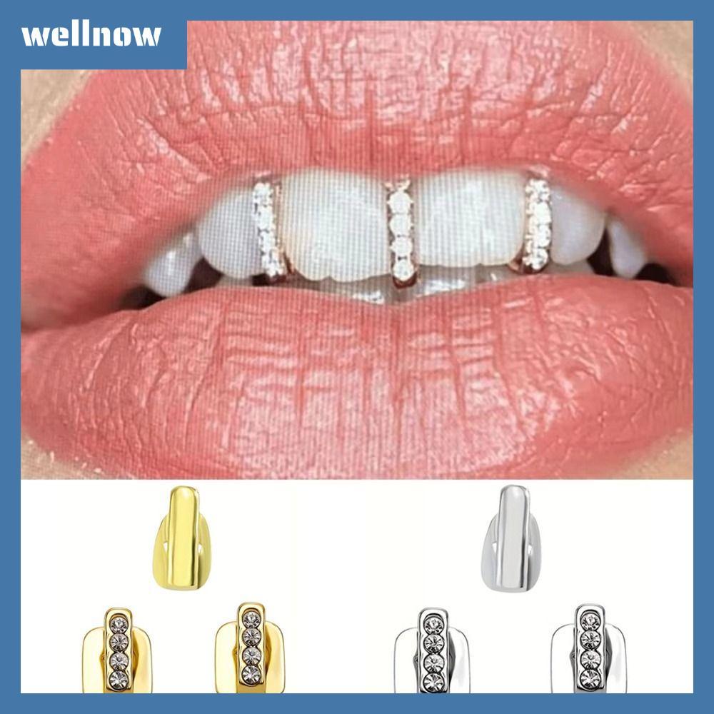 WELLNOW Hip Hop ฟัน Grillz 3 ชิ้น Hollow Rhinestone สำหรับ Party หรือคอสเพลย์