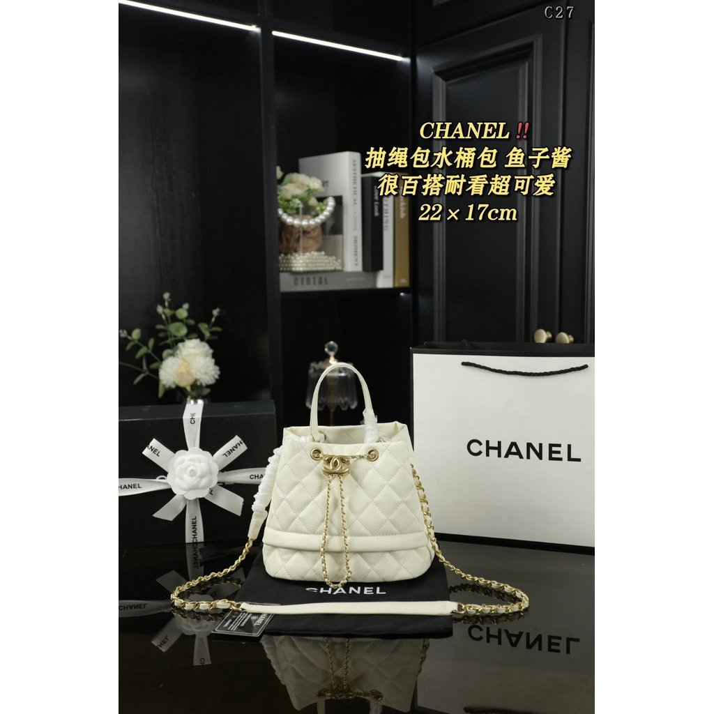 CHANEL jennie Cowhide Pattern Drawstring Bag Bucket Bag กระเป๋าสะพายคาเวียร์