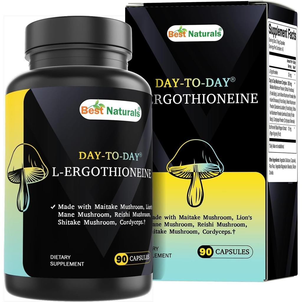 Best Naturals Day-to-Day L-Ergothine 25 mg พร้อม Maitake Mushrom, เห็ดมเนี่ยน, เห็ดหลินจือ 90 แคปซูล