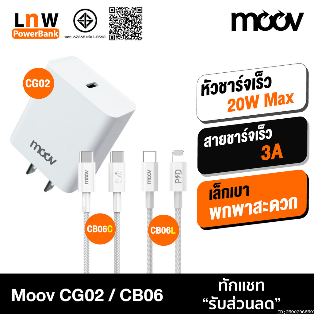 [ส่งด่วน] Moov CG02+CB06 ชุด หัวชาร์จเร็ว สายชาร์จ CB06C CB06L PD 20W Fast Charger Type C Adapter