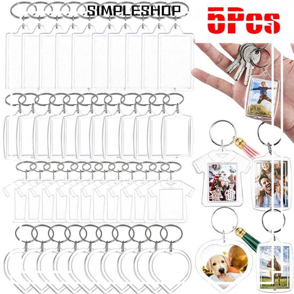 SIMPLESHOP 5 ชิ้นพวงกุญแจเปล่า, พวงกุญแจกรอบรูปอะคริลิค, จี้พู่ Snap-In Custom ใส่ Photo โปร่งใสพวงก