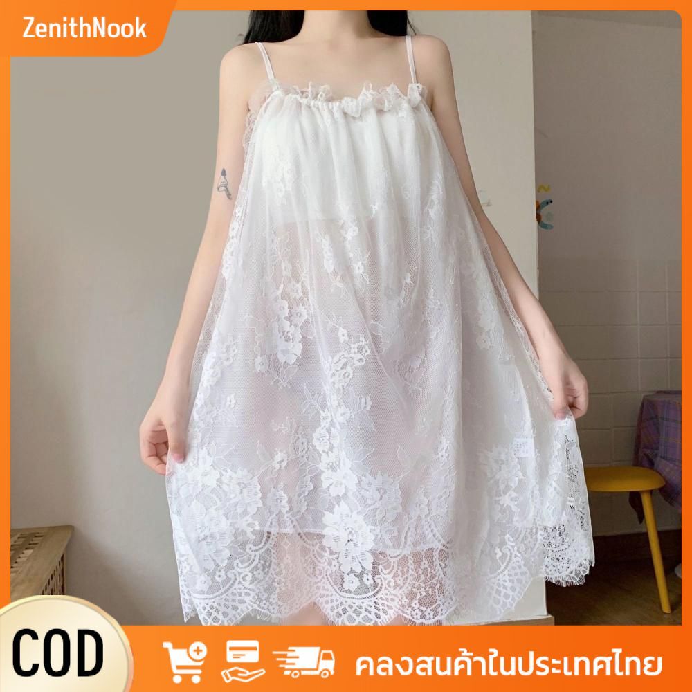 ชุดนอนสไตล์เจ้าหญิง หวาน นุ่ม ระบายอากาศได้ดี สบายผิว แขนกุดลูกไม้ ชุดนอนสตรีแบบมีสายรัด ZenithNook