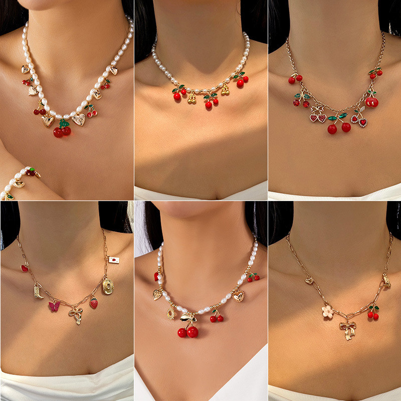 สร้อยคอผู้หญิง High-End ผลไม้ฝรั่งเศส Cherry Bow Pearl สร้อยคอแฟชั่น All-Match สร้อยคอ th05.3