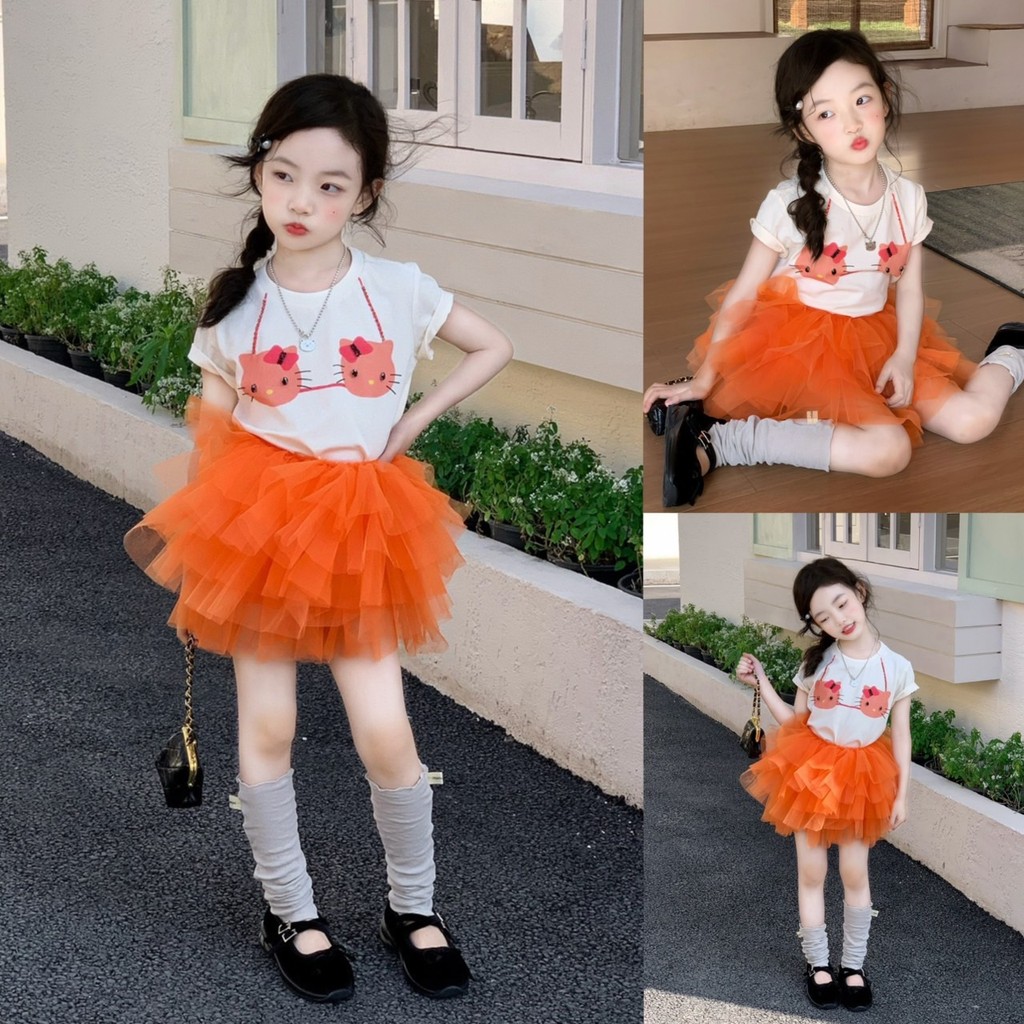 PRETTY BABY เสื้อยืดเด็ก เสื้อคอกลม แต่งเพชร กระโปรงฟรุ้งฟริ้ง มีซับกางเกง(2188)