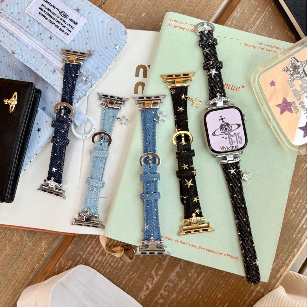 Queen Mother West Star Denim Strap เหมาะสําหรับ iwatch S11 10 9 8 7 ULTRA 6 5 4 SE 3 เหมาะสําหรับ Huawei Fit3/4 เหมาะสําหรับ Xiaomi 8/9/10