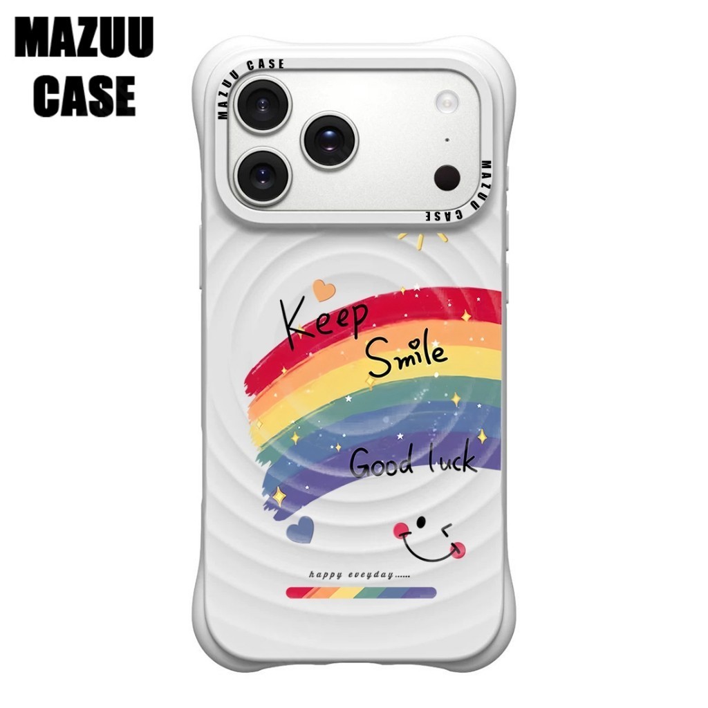 เคสไอโฟนแม่เหล็ก ลอนคลื่น มุมหนากันกระแทก ซิลิโคนขาว ลายรุ้งสดใส แฮปปี้ iPhone 17 16 15 14 13 Pro Max