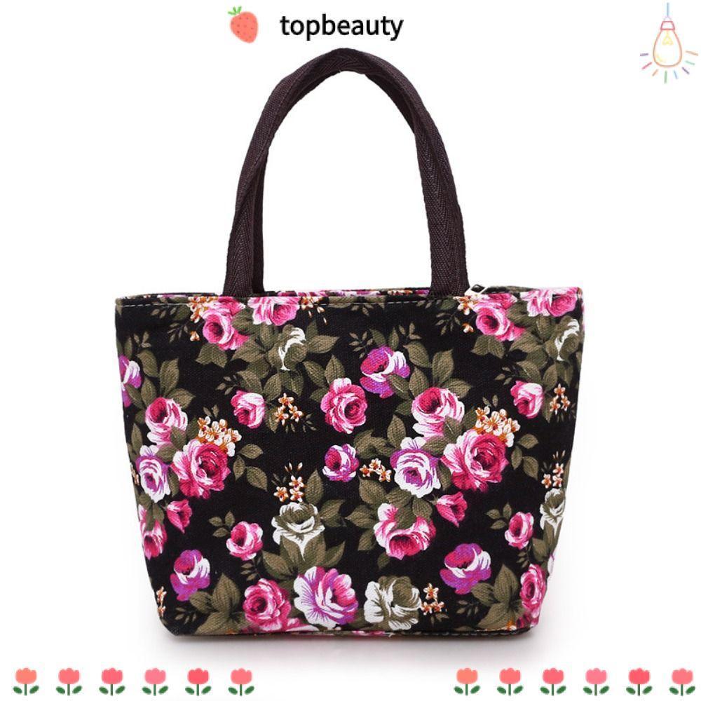 Topbeauty กระเป๋าสะพายไหล่, กระเป๋าถือผ้าแคนวาสมีซิป, กระเป๋าทรงถังดอกไม้ผู้หญิง