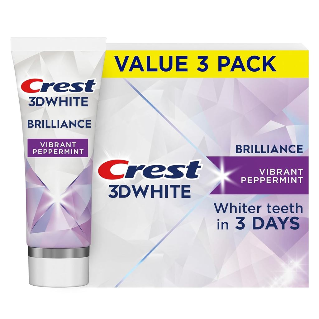 Crest 3D Brilliance Vibrant Peppermint Tooth ning Tooth Tooth Toothpaste, 4.6 oz Pack of 3 ช่อง, ยาส