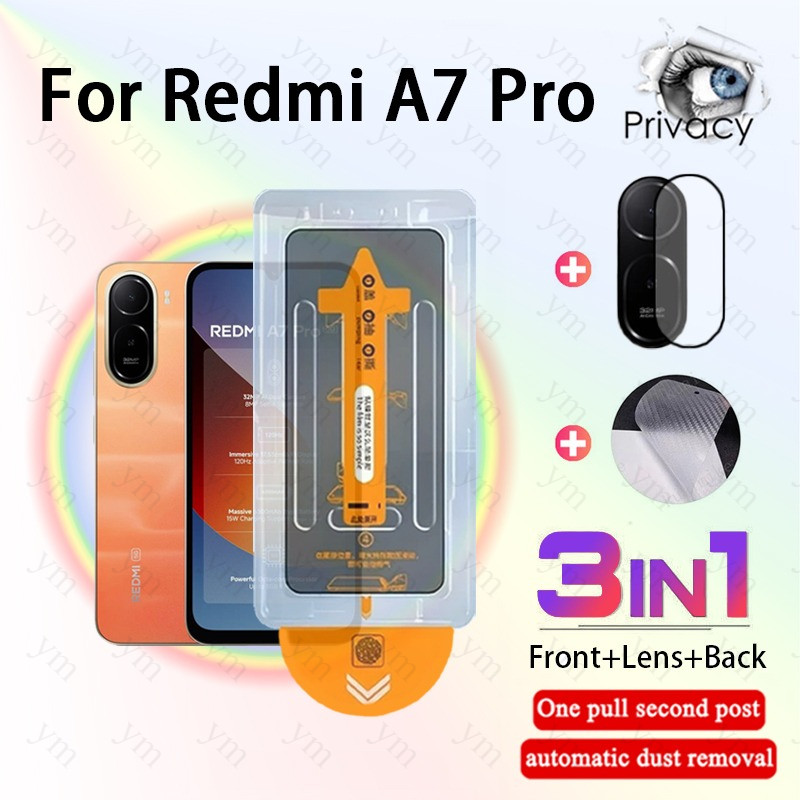 3 In 1 Redmi A7 Pro ฟิล์มความเป็นส่วนตัวคลิกเดียวกระจกนิรภัยป้องกันหน้าจอฟิล์มคาร์บอนไฟเบอร์ Redmi Note 15 14 13 15C 14C A5 A3 Pro 4G 5G ฟิล์มป้องกันกระจก