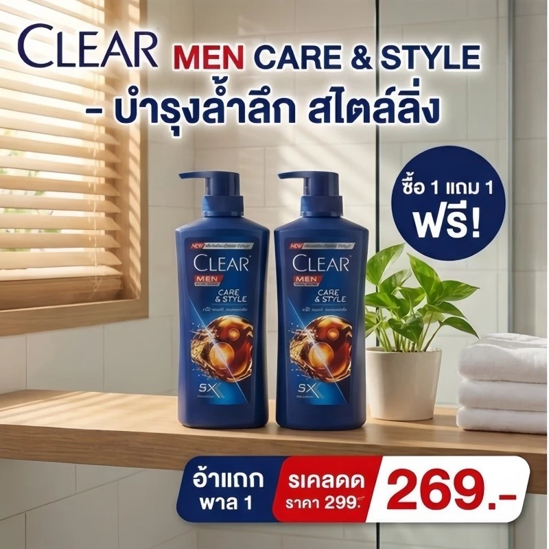 CLEAR Men แชมพูขจัดรังแคสำหรับผู้ชาย สูตร Care & Style ควบคุมความมัน ขนาดมล. ซื้อ 1 แถม 1 ของแท้ยอดนิยมในไทย翻译