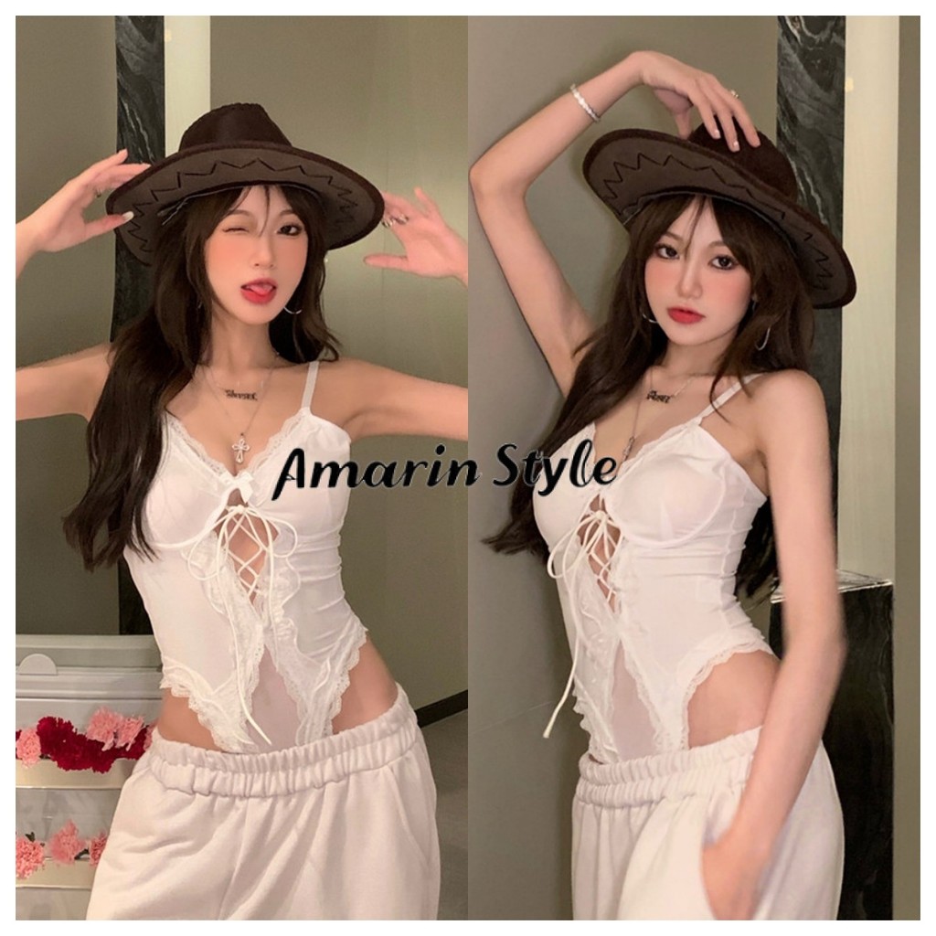 Amarin🌸พร้อมส่ง🌸 ชุดบอดี้สูท สายเดี่ยวลูกไม้ เก๋ๆเซ็กซี่ ชุดไปเที่ยวกลางคืน ใหม่มาแรง ใส่สบาย (FY5132)