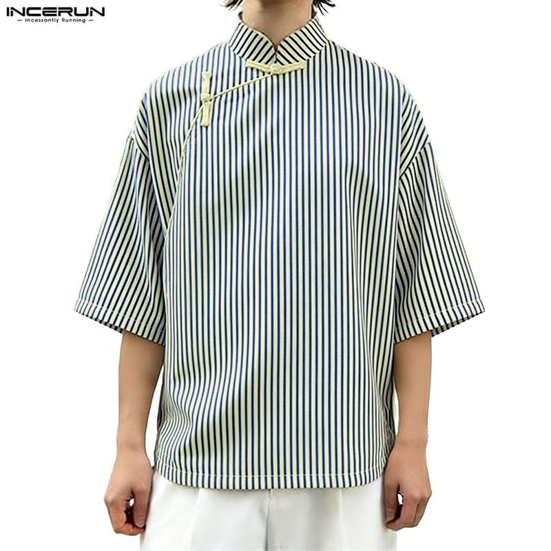 ไม่แน่นอน ผู้ชายเกาหลีใหม่สไตล์จีนคอตั้ง3/4แขนปุ่มกบเสื้อหลวมลายทาง