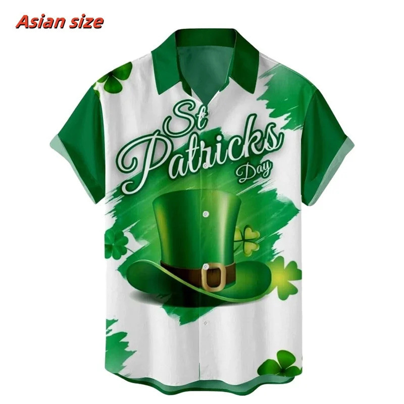 เซนต์. Patricks Day รูปแบบเสื้อฮาวายสําหรับชาย Clover หมวกสีเขียว 3D พิมพ์แขนสั้นลําลองเสื้อ LK16