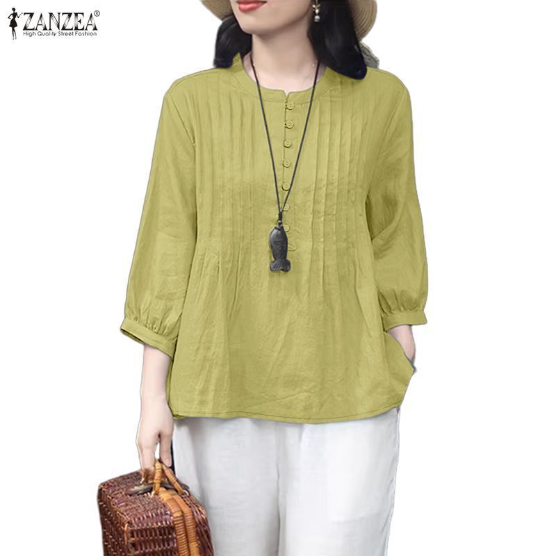ZANZEA เสื้อเชิ้ตสีทึบแขนยาวสไตล์เกาหลีสําหรับผู้หญิง — صورة 4