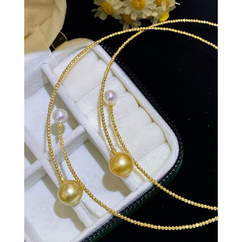 4A South Sea Golden Philippines Round Necklace in 18K Gold - South Sea Golden 13mm with Akoya 8mm - 