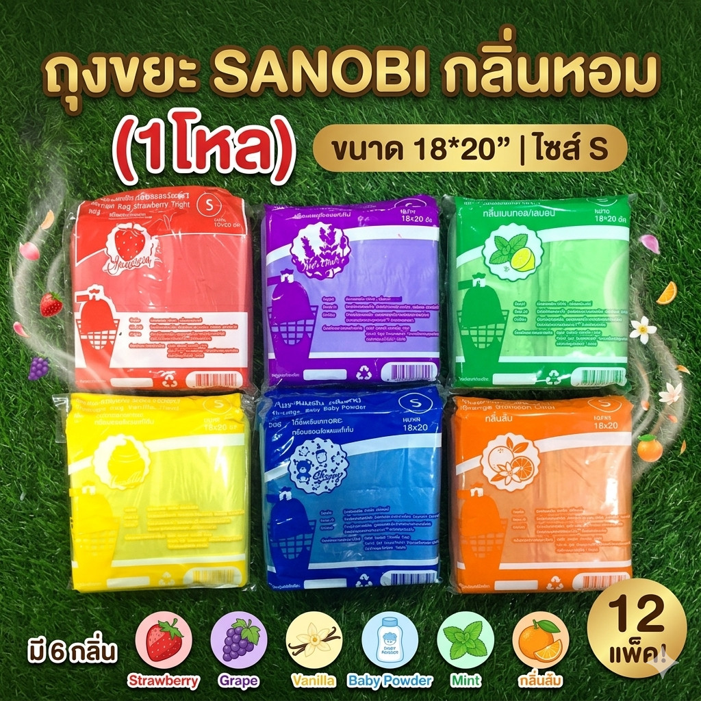 (1โหล) ถุงขยะ SANOBI กลิ่นหอม ขนาด18*20" มี 6 กลิ่น ไซส์S