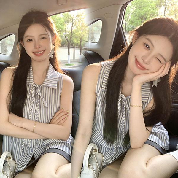 mimi[สินค้าพร้อมส่ง]เสื้อกั๊กแขนกุดทรงหลวมสำหรับผู้หญิง ดีไซน์ผูกโบว์และปก เสื้อโปโลลายทางสีสันสดใส สไตล์แฟชั่น#99403