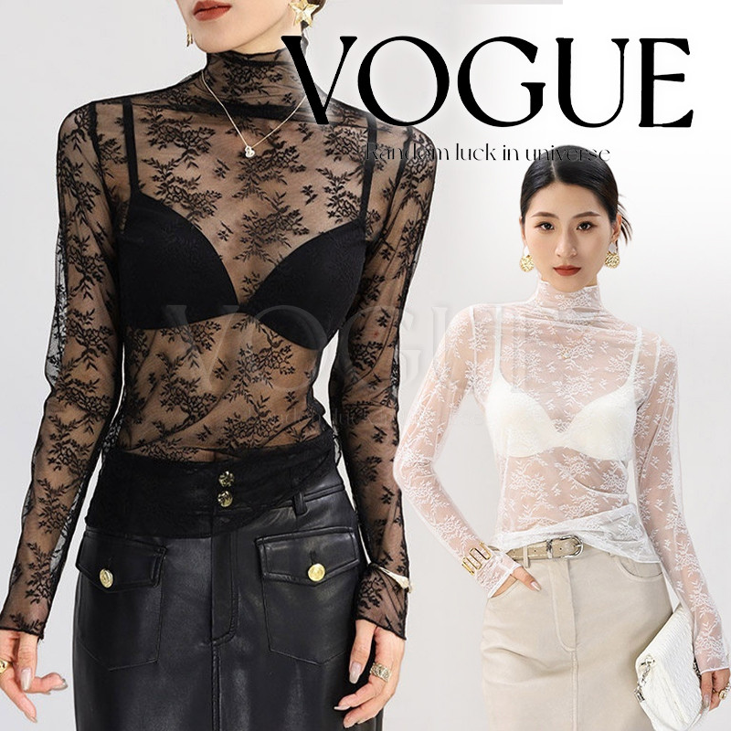 Vogue🌟พร้อมส่ง🌟 เสื้อซีทรูแขนยาว คอเต่า ลายใบไม้เข้ารูป 2สีสไตล์สาวเซ็กซี่ (FYC89)