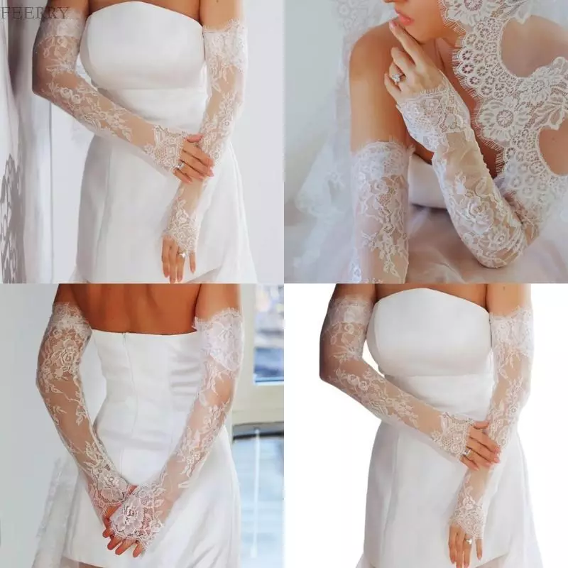 ถุงมือซีทรูลูกไม้สำหรับเจ้าสาวยาวถึงข้อมือ พร้อมลายละเอียดสำหรับพิธีแต่งงานและชุดราตรี