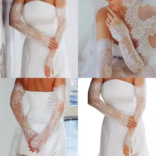ถุงมือซีทรูลูกไม้สำหรับเจ้าสาวยาวถึงข้อมือ พร้อมลายละเอียดสำหรับพิธีแต่งงานและชุดราตรี