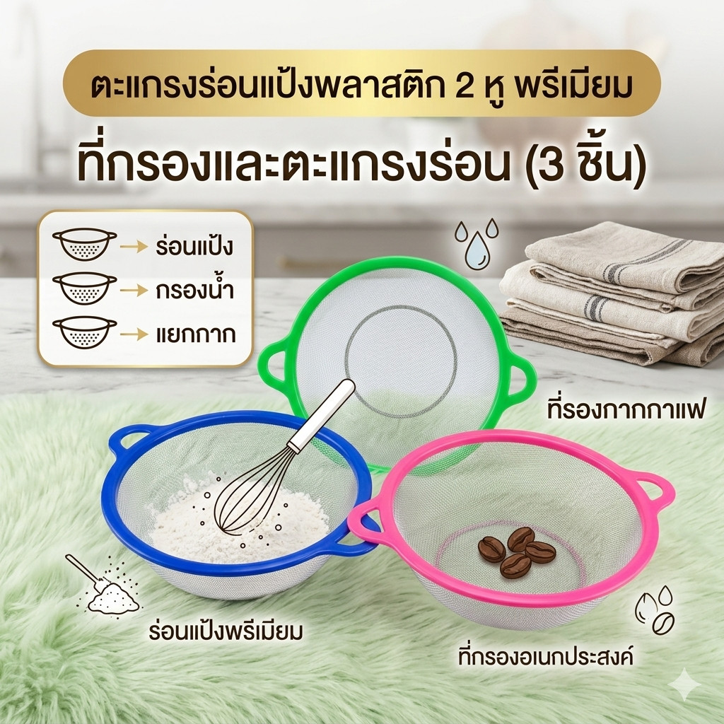 ยกโหล 12 ชิ้น ตะแกรงร่อนแป้งพลาสติก 2 หู  ตะแกรงร่อนแป้ง กระชอนร่อนแป้ง ที่ร่อนแป้ง ตะแกรง ตะกร้าล้างผัก