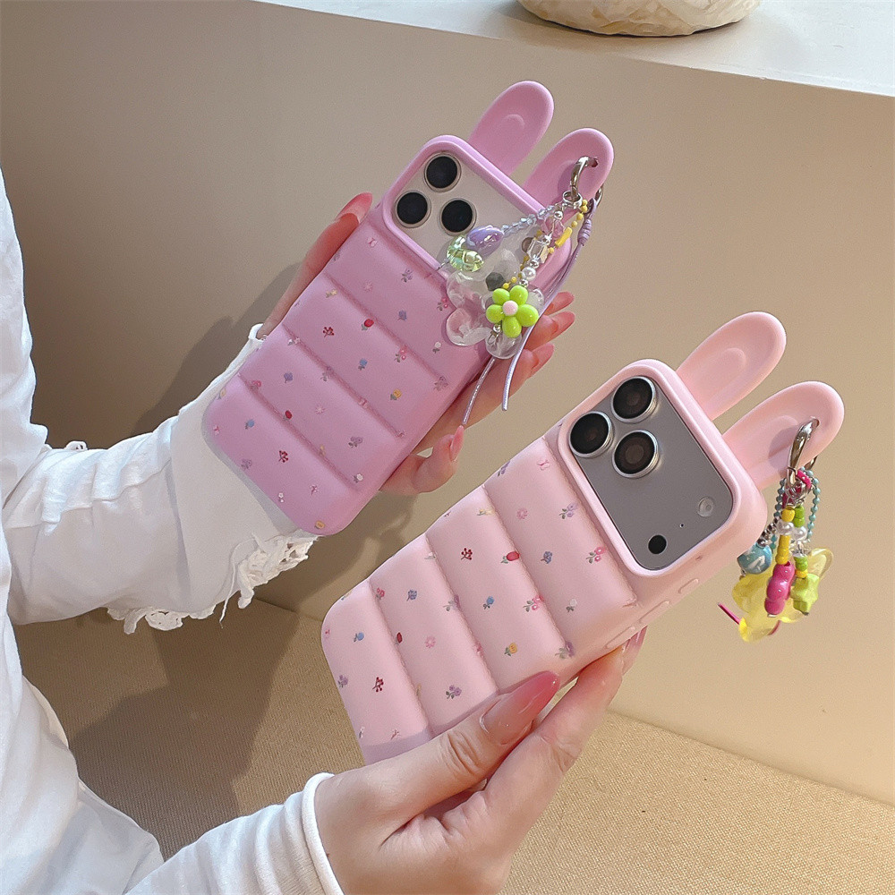 สําหรับ iPhone 17Pro Max 16 Pro Max 15 14 15Pro Max แฟชั่นเกาหลีสีม่วงสีชมพูลายดอกไม้ปกน่ารัก 3D กระต่ายหูลงเสื้อซิลิโคนกันกระแทกกรณี