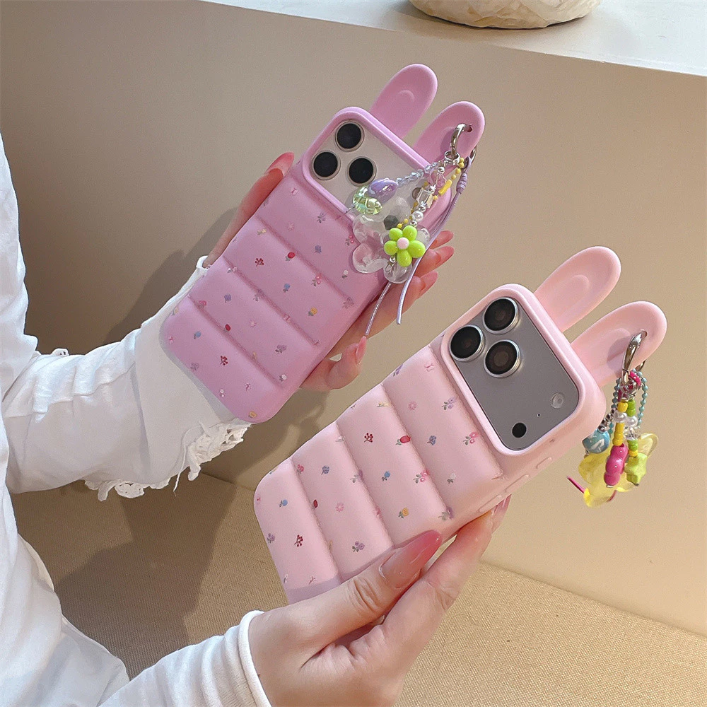 สําหรับ iPhone 17Pro Max 16 Pro Max 15 14 15Pro Max แฟชั่นเกาหลีสีม่วงสีชมพูลายดอกไม้ปกน่ารัก 3D กระต่ายหูลงเสื้อซิลิโคนกันกระแทกกรณี