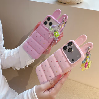 สําหรับ iPhone 17Pro Max 16 Pro Max 15 14 15Pro Max แฟชั่นเกาหลีสีม่วงสีชมพูลายดอกไม้ปกน่ารัก 3D กระต่ายหูลงเสื้อซิลิโคนกันกระแทกกรณี