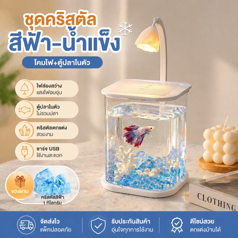 ใหม่ ปลากัดถัง ตู้ปลาพลาสติกใส สำหรับปลากัด มีไฟ LED สําหรับให้แสงสว่าง ดีไซน์สวย ตกแต่งบ้านได้ ชาร์จ USB ใช้งานสะดวก