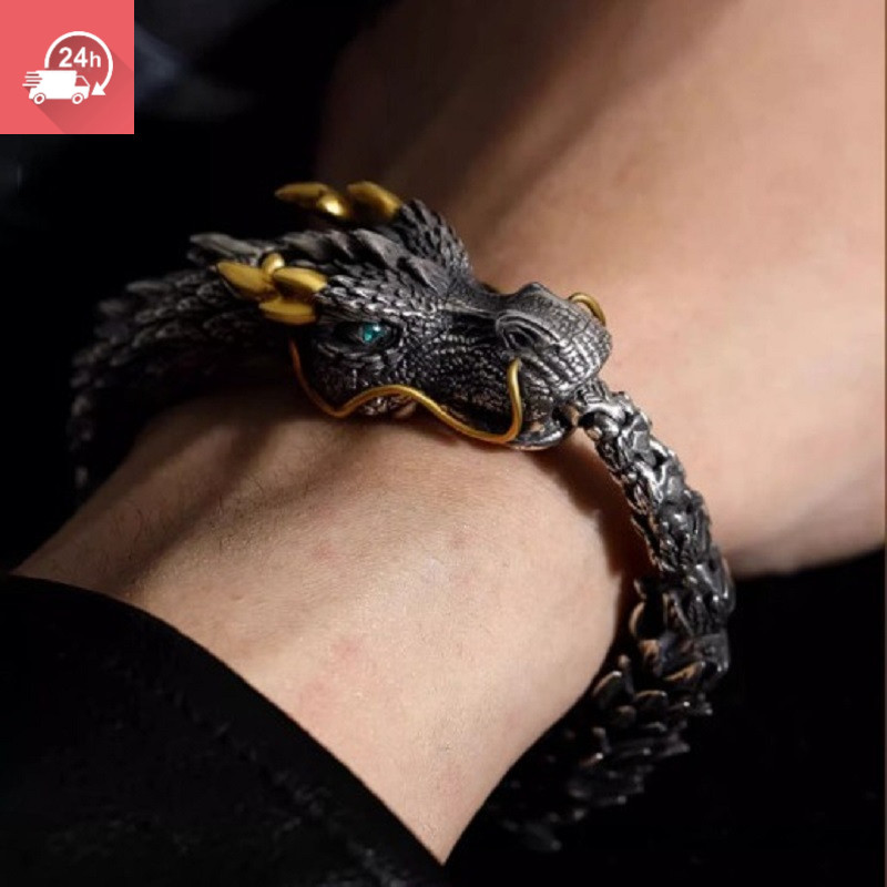 สร้อยข้อมือเงิน Sterling Silver 925 ออกแบบมังกรสีดำ สไตล์ย้อนยุค สำหรับผู้ชาย