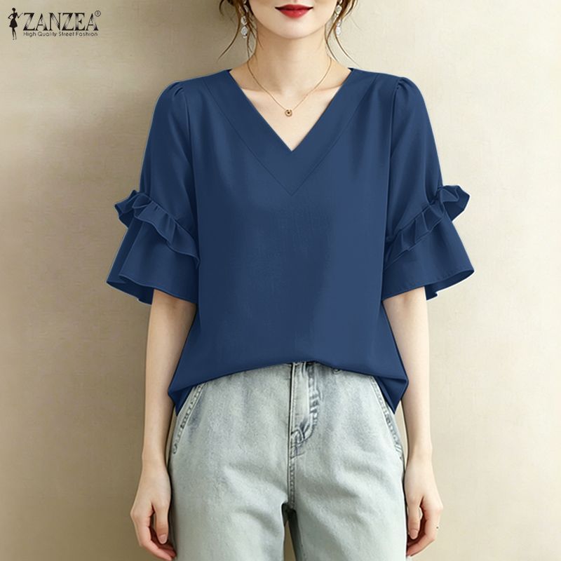 ZANZEA เสื้อผ้าแฟชั่นเกาหลี ทรง Elegant V-neck พร้อมกระดุมระบายสองชั้น เหมาะสำหรับวันสำคัญหรือโอกาสพิเศษ — صورة 4