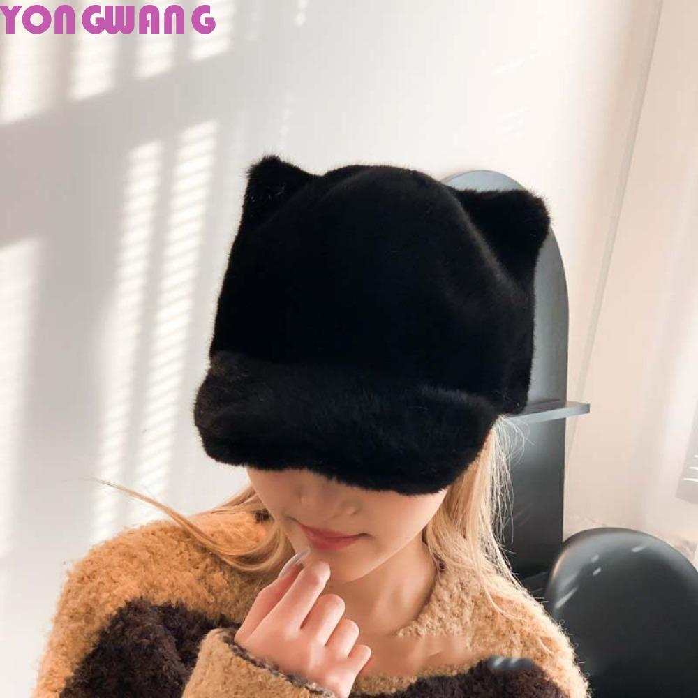 YONGWANG66HR หมวกตุ๊กตาแมว,น่ารักคอสเพลย์สีดําแมวเบสบอลหมวก,น่ารัก Y2K Fluffy สไตล์เกาหลี Tail Peake