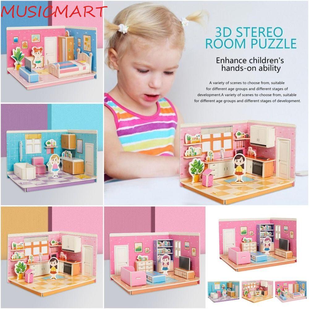 MUSICMART 3D Room Model Puzzle Toys, Model Toys กระดาษแข็งห้อง 3D Stereo Puzzle Kitchen Room Handmad