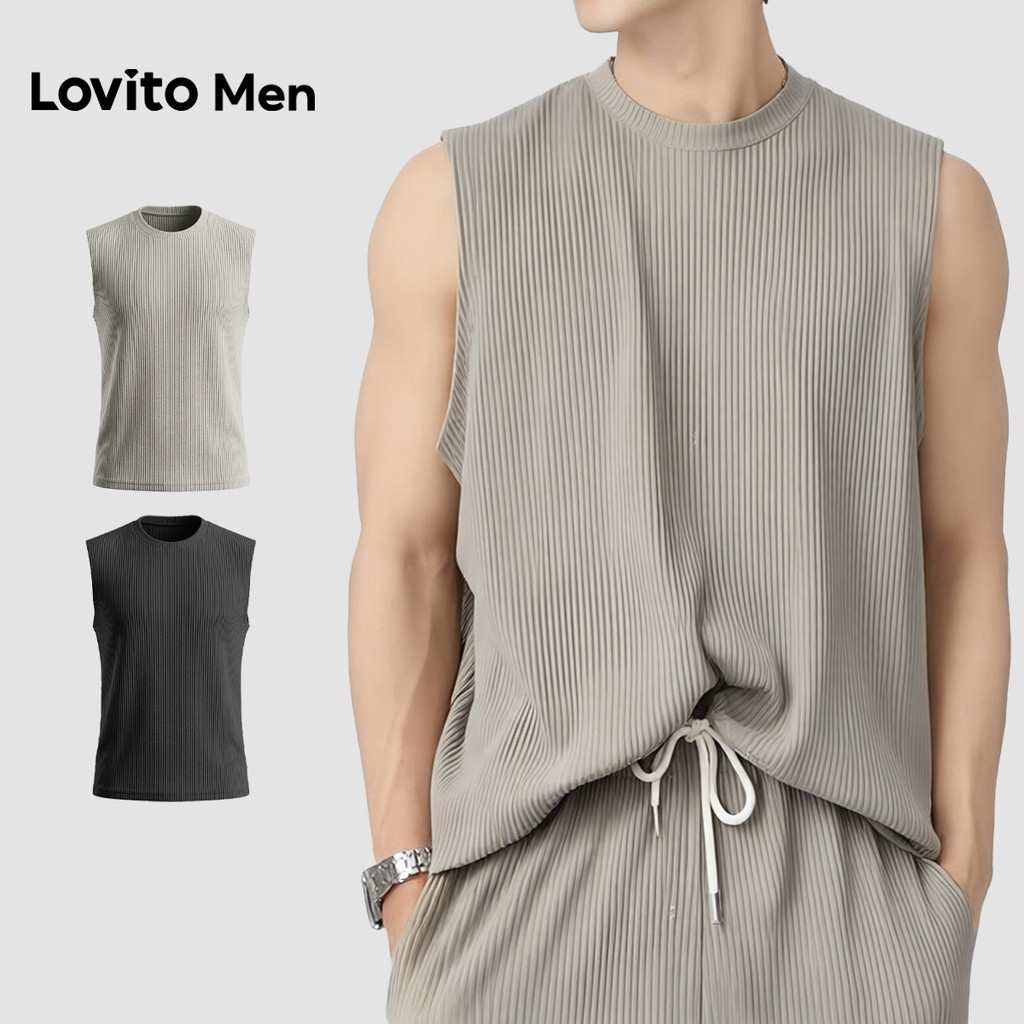 Lovito Men  เสื้อกล้ามผู้ชาย แขนกุด สไตล์ลําลอง พับ สีแอปริคอต เหมาะสําหรับฤดูใบไม้ผลิและฤดูร้อน LNE142611