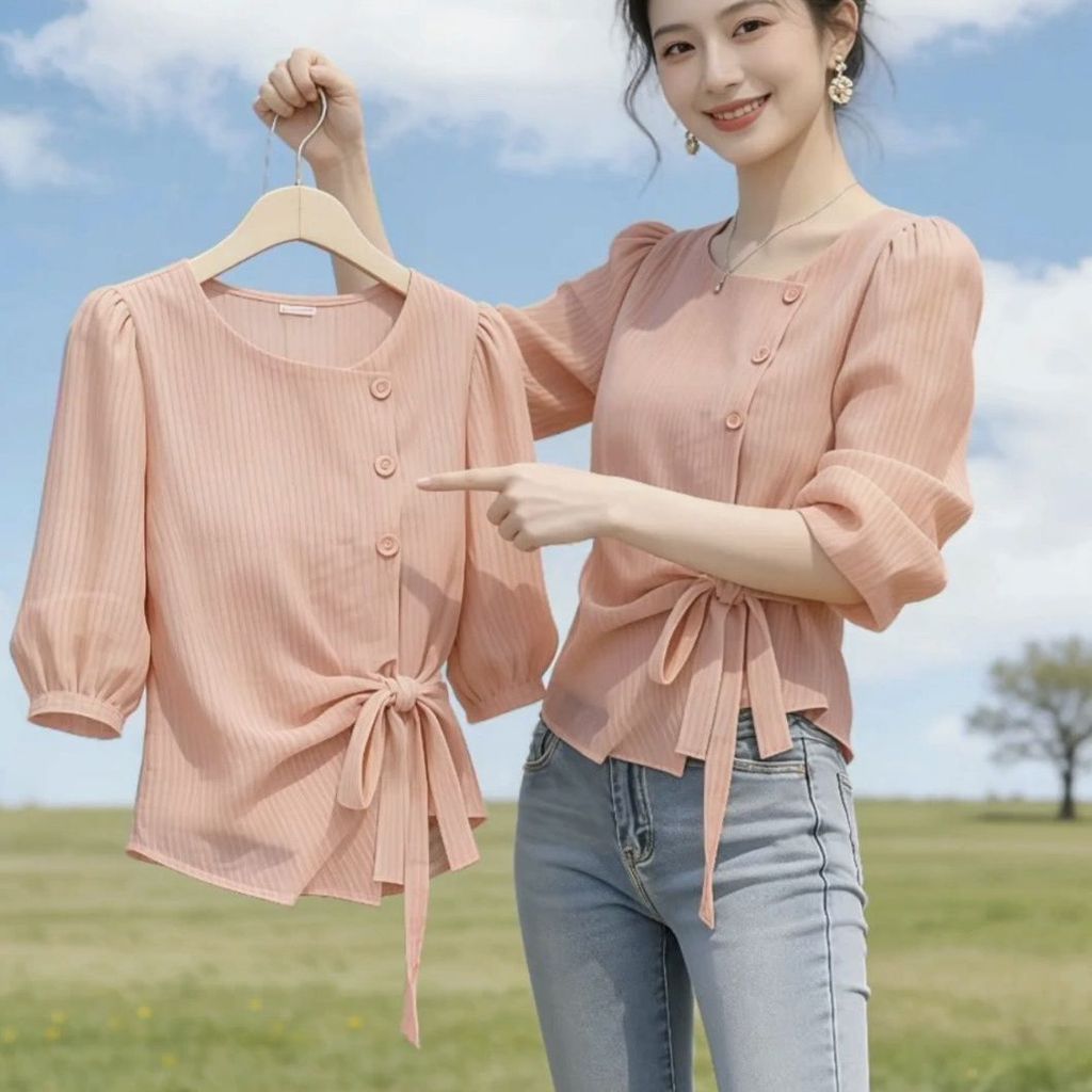 ไม่สม่ําเสมอลูกไม้ขึ้นเสื้อเชิ้ตลายทางผู้หญิงฤดูใบไม้ร่วงรูปแบบใหม่เสื้อตัวเล็กแฟชั่นระดับไฮเอนด์ด้านบนเสื้อยืด