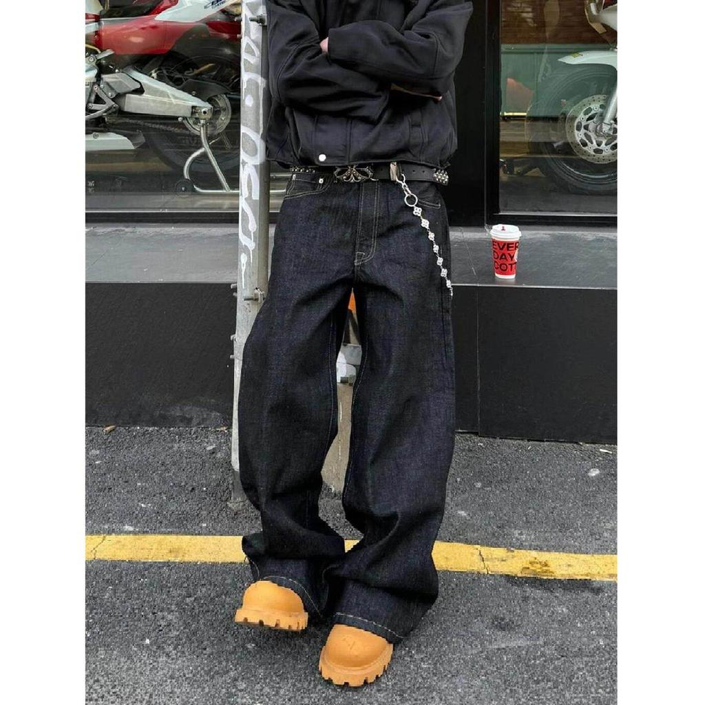 American vibe Straight Wide-Leg Retro Washed Primary Color Jeans Men Spring Lazy vintage Casual Pant