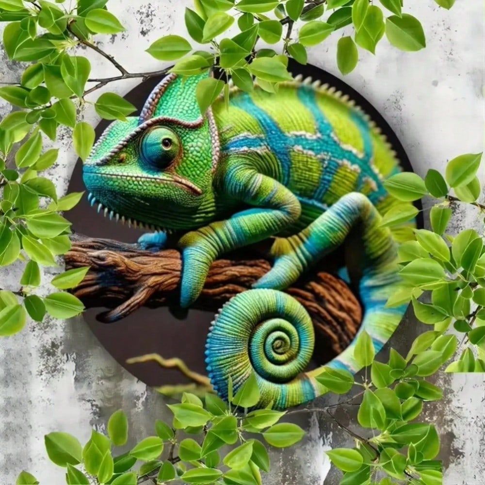 CIFbuy 2D ป้ายโลหะกลมแบน 3D Chameleon พิมพ์ส่วนบุคคล Art Decor