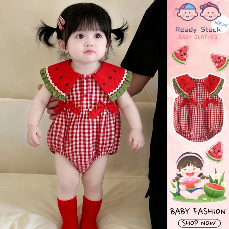 ใหม่เด็กสาวฤดูร้อนบางแขนกุด เจ ผู้ตัดสิน 0-24เดือนผ้าฝ้ายระบายอากาศสีแดงโบว์แตงโมสุดน่ารักสไตล์เจ้าหญิงบอดี้สูท