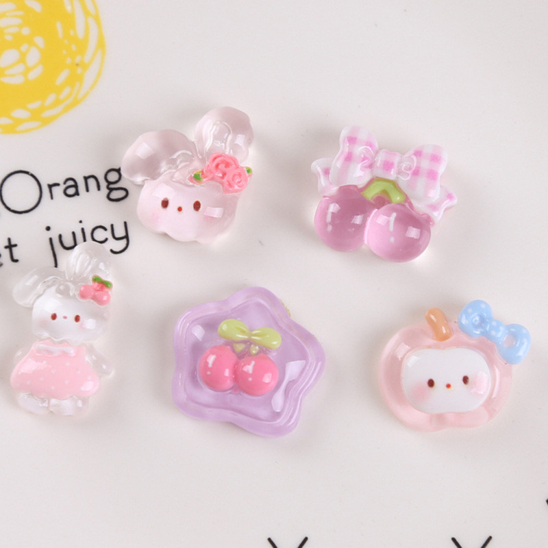 10 ชิ้น Kawaii โปร่งใสเชอร์รี่ Apple กระต่ายเรซิ่น Cabochon Scrapbooking Fit โทรศัพท์ Deco อะไหล่ DIY ผม Bows Center อุปกรณ์เสริม