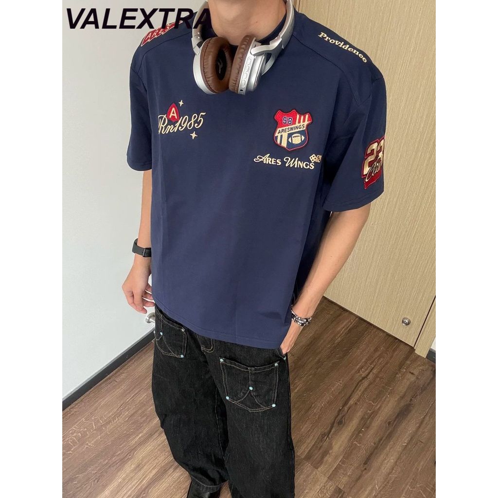 VALEXTRA American Retro ปักป้ายแขนสั้นเสื้อยืดผู้ชายผู้หญิง Niche หลวมสบายๆครึ่งแขน 5.5