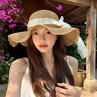 Style studio จัดส่ง 💕หมวกสานทรงฝรั่งเศสผูกโบว์ลูกไม้สำหรับผู้หญิง หมวกกันแดดน่ารักๆ สำหรับฤดูร้อน