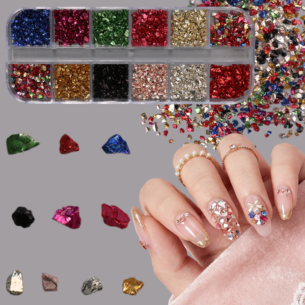 HAMA ไม่สม่ําเสมอหินบดตกแต่งเล็บ 12 GridsBox โลหะเงากรวดแก้วทรายสําหรับ 3D Charm เล็บออกแบบ Professional เล็บ