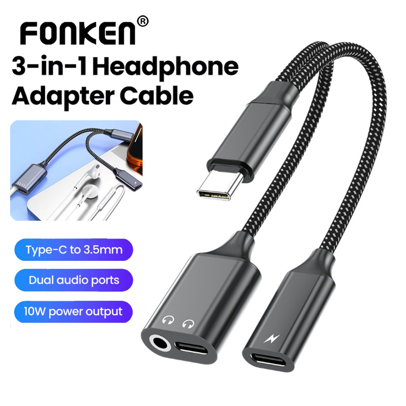Fonken 3 in 1 อะแดปเตอร์หูฟังประเภท C ถึง Type-C/3.5 มม.แจ็คอะแดปเตอร์เสียง PD10W ชาร์จ Converter