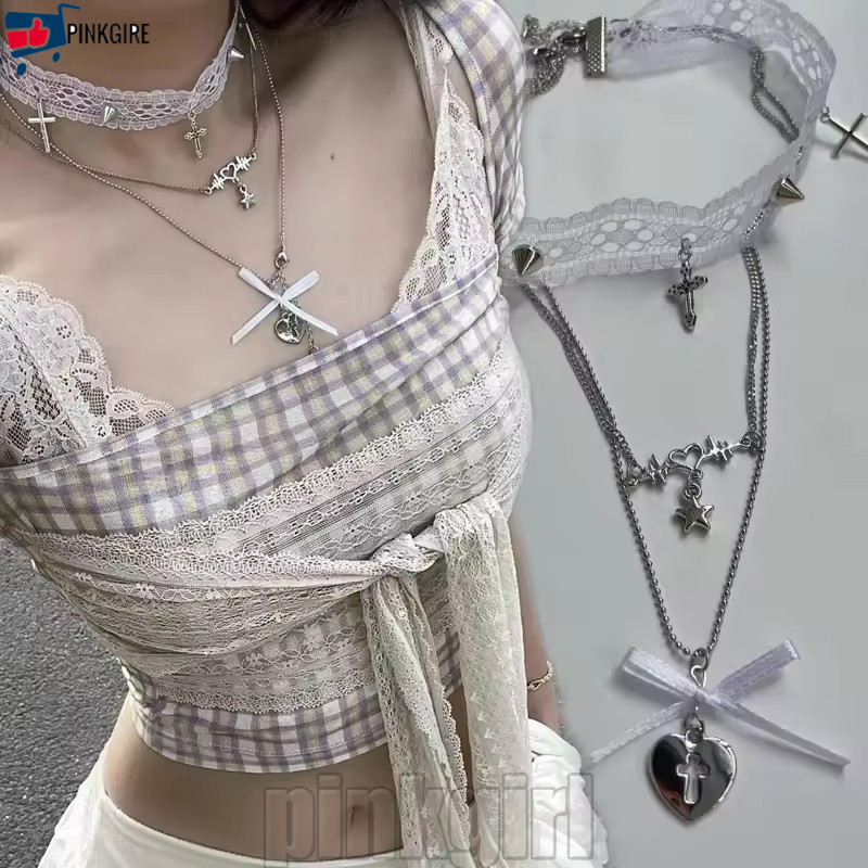 [Rdy Stk] สร้อยคอโบว์ Y2K ลูกไม้หลายชั้น - จี้ดาว Choker - เครื่องประดับอุปกรณ์เสริม - หวาน, เย็น - 