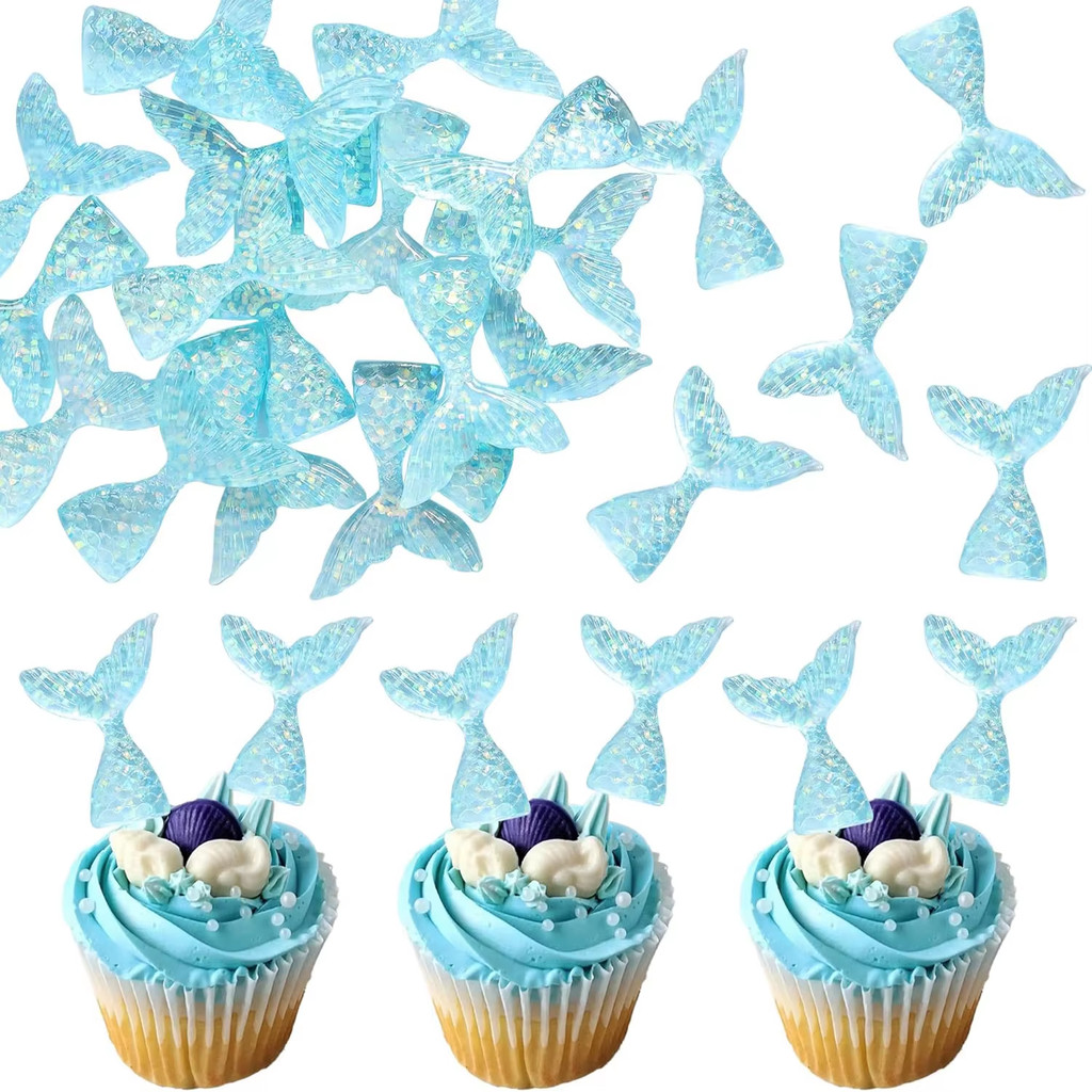 12pcs Mermaid Tails Cupcake Toppers สีฟ้าสีชมพูเค้ก Toppers สําหรับ Mermaid Theme เค้กตกแต่งวันเกิดเ