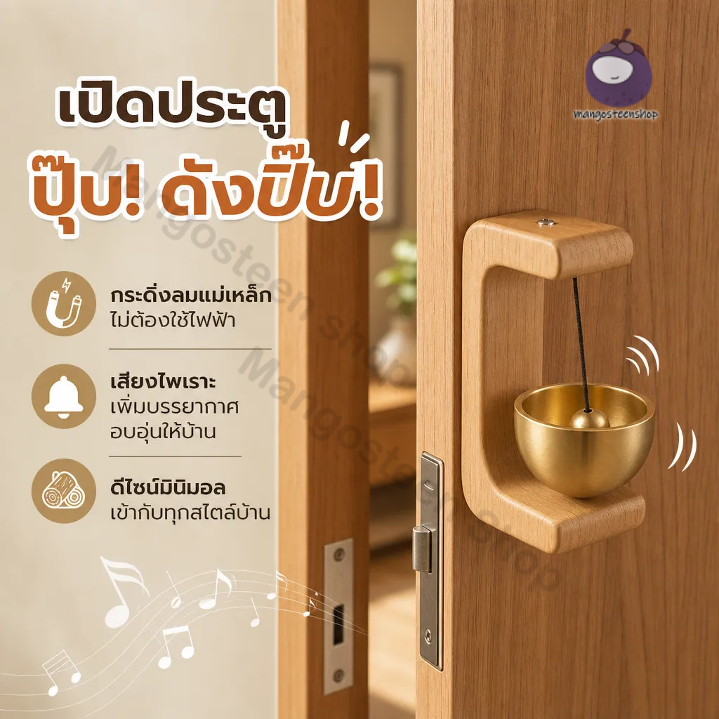 กระดิ่งประตูแม่เหล็ก ไม้เนื้อแข็ง ติดแน่น เปิดปิดมีเสียงเตือน ใช้งานสะดวก เหมาะสำหรับบ้านและคาเฟ่