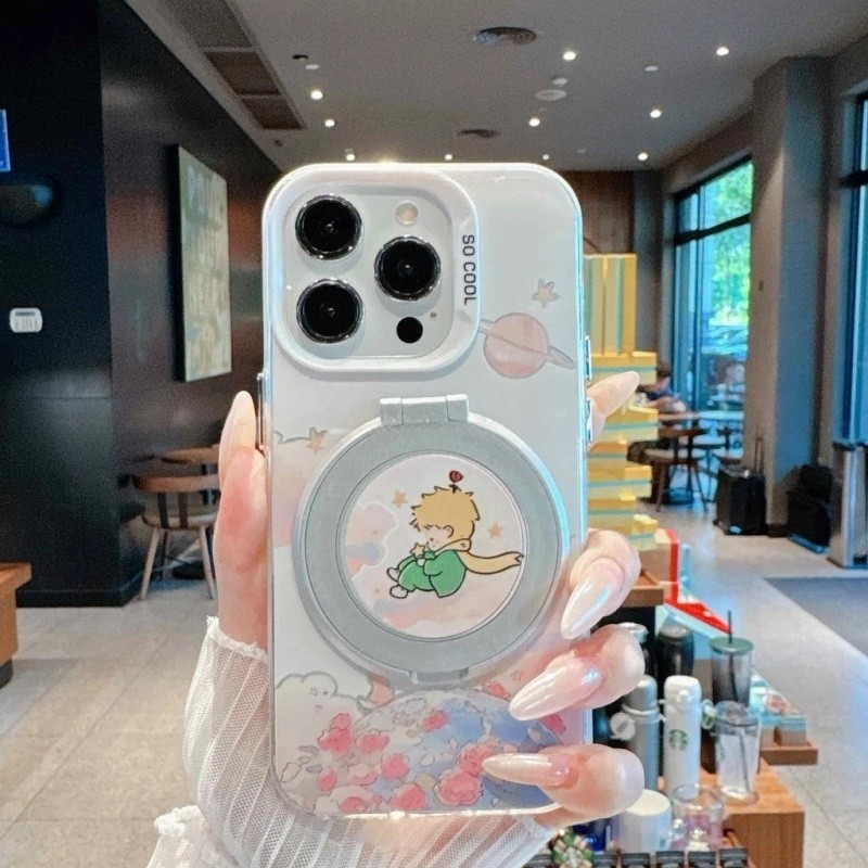 เคสโทรศัพท์มือถือพร้อมขาตั้งสำหรับ IPhone 11 13 12 14 17 Air 16 15 Pro Max XR Max เจ้าชายเล็ก เส้นด้ายขนนก IMD CYK3088A