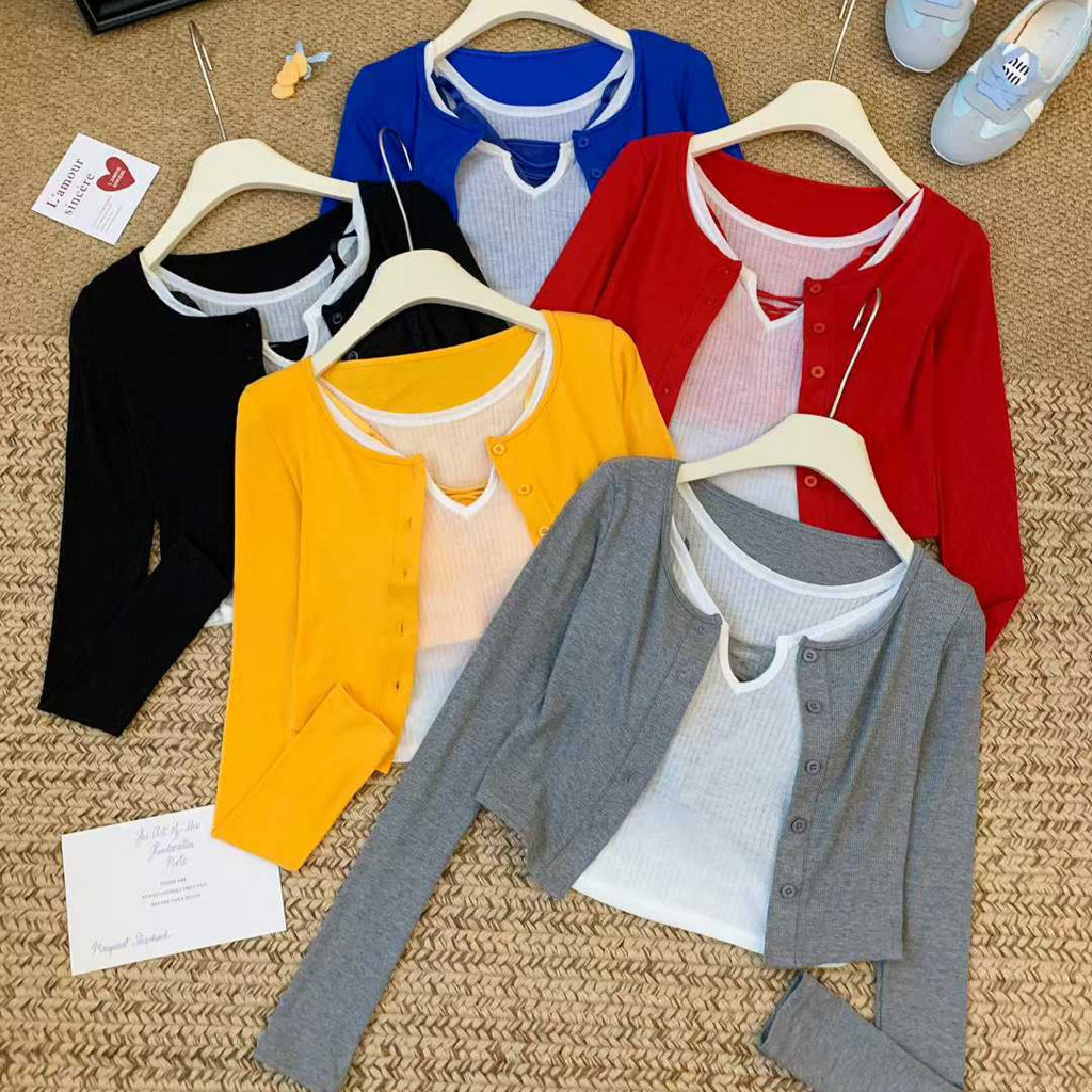 963,894,2135#纯欲性感风秋季三件套长袖外套+Cross Wrap Chest+See-Through Vest A1HP