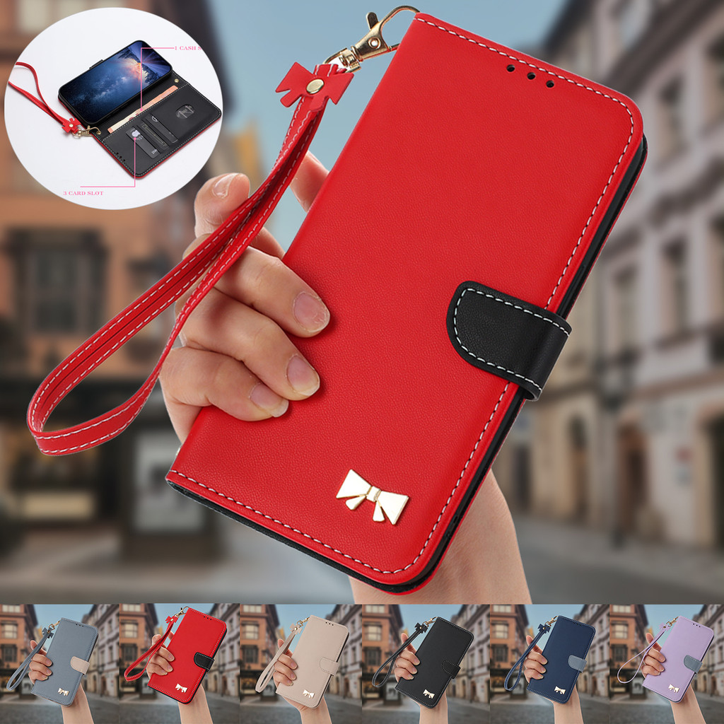 เคสไอโฟน Case for iPhone 11 12 13 14 Pro Max 7 8 6 6s Plus SE 2020 2022 SE2 SE3 X XR XS Max เคสโทรศัพท์หนังฝาพับพร้อมช่องใส่บัตรสําหรับ Dual Color PU Leather Cover Hardware Bow Wallet With Card Slots Stand Holder Soft TPU Shell Hand Strap เคสฝาพับ WJHDJ